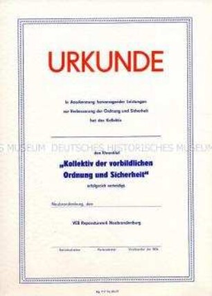 Urkunde zum Ehrentitel "Kollektiv der vorbildlichen Ordnung und Sicherheit" (blanko)