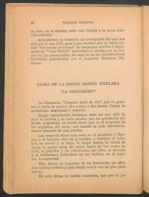 Glosa de la danza nativa titulada "la chacarera"