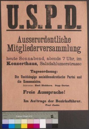 Plakat zu einer außerordentlichen Mitgliederversammlung der USPD in Braunschweig, vermutlich vor den Reichstagswahlen am 6. Juni 1920
