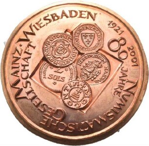 Medaille der Numismatischen Gesellschaft Mainz/Wiesbaden auf ihr 80. Vereinsjubiläum und den 70. Geburtstag von Konrad Bech von Victor Huster