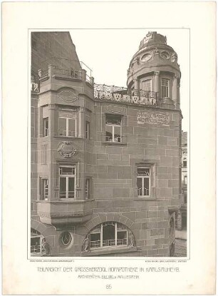 Billing, Hermann; Karlsruhe (Baden-Württemberg), Kaiserstr. 201; Haus Ströbe, Hofapotheke - Fassadenansicht, Erker, Turmerker, (Detail)