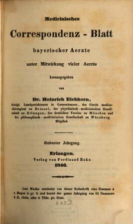 Medicinisches Correspondenz-Blatt bayerischer Aerzte. 7. 1846