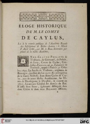 Éloge historique de M. Le Comte de Cayus,...