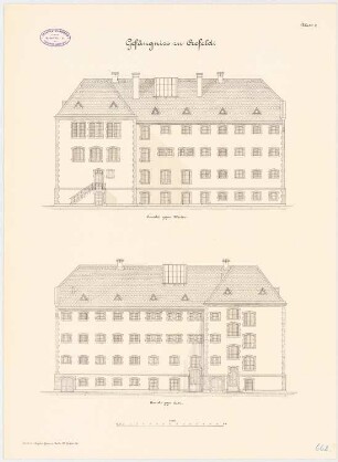 Amtsgerichtliche Neubauten (Amtsgerichts-), Krefeld Gefängnis: W-, O-Ansicht 1:100