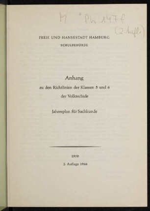 Anhang zu den Richtlinien der Klassen 5 und 6 der Volksschule : Jahresplan für Sachkunde