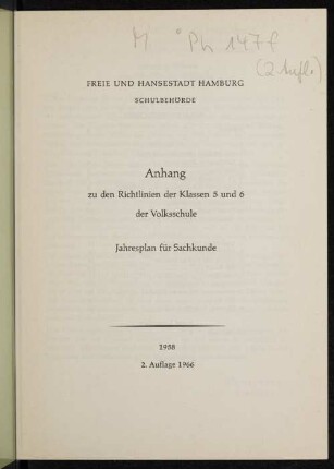 Anhang zu den Richtlinien der Klassen 5 und 6 der Volksschule : Jahresplan für Sachkunde
