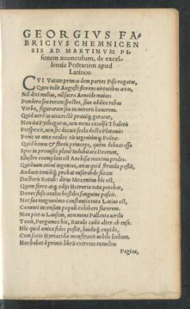 Georgius Fabricius Chemnicensis Ad Martinum Pisonem avunculum, de excellentia Poetarum apud Latinos.