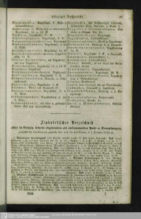 Alphabetisches Verzeichniß aller in Leipzig sowohl abgehenden als ankommenden Post- u. Dampfwagen