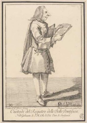 Custode del Registro delle Bolle Pontificie (Abt Alessandro Roccatani, Kustos im Registrum Bullarum), Bl. 10 der "Raccolta di XXIV Caricature", Dresden 1750