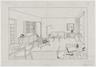Das Mittelganghaus, Entwurf für die Ausstellung des BDA im Schloss Charlottenburg (nicht realisiert) – Innenperspektivansicht Wohnzimmer