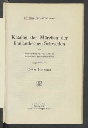 FF Communications No. 6. Katalog der Märchen der finnländischen Schweden