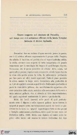 4.Ser.5.1887: Nuove scoperte nel cimitero di Priscilla, nel luogo ove è il notissimo affresco della beata Vergine lattante il divino figliuolo