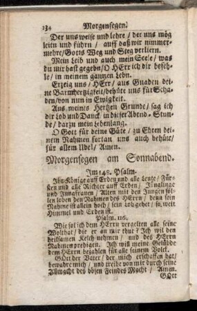 Morgensegen, Gebet und Abendsegen am Sonnabend.