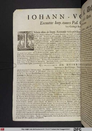 Iohann-Volk. Bechmann/ IC. Exemtus Imp. comes Pal. Cæsar. civis Rom. Antecessor, h.t. Collegii Iuridici XIImo Decanus. L.S.D.