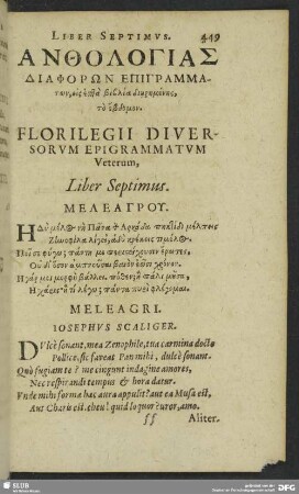 Florilegii Diversorum Epigrammatum veterum, Liber Septimus