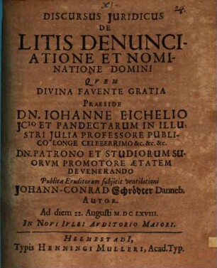 Discursus juridicus De litis denunciatione et nominatione domini