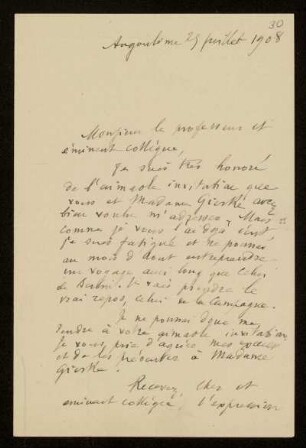30: Brief von Adhémar Esmein an Otto von Gierke, Angoulême, 25.7.1908