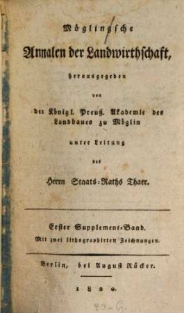 Möglinsche Annalen der Landwirthschaft. Supplement-Band. 1, 1. 1820
