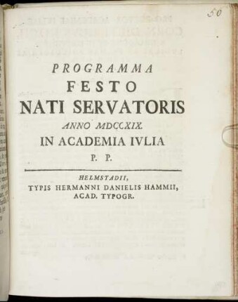 Programma Festo Nati Servatoris Anno. MDCCXIX. In Academia Ivlia P. P.