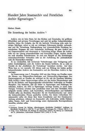 Hundert Jahre Staatsarchiv und Fürstliches Archiv Sigmaringen.