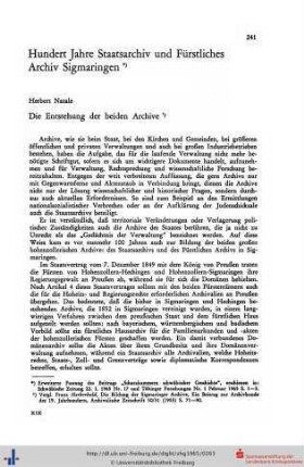 Hundert Jahre Staatsarchiv und Fürstliches Archiv Sigmaringen.