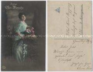 Oster-Postkarte (Frau mit Ostereierkorb)