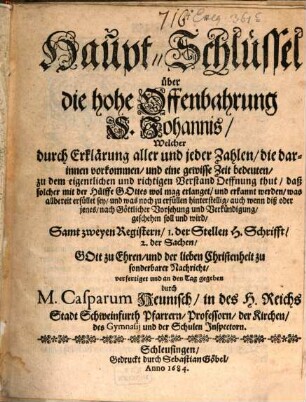 Haupt-Schlüssel über die hohe Offenbahrung S. Johannis