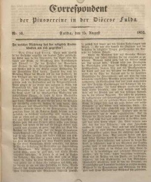 Nr. 16. Fulda, den 15. August 1852.