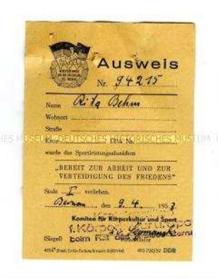 Ausweis zum Sportleistungsabzeichen "Bereit zur Arbeit und zur Verteidigung des Friedens", Stufe I