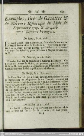 Exemples, tirés de Gazettes & du Mercure Historique du Mois de Septembre 1719. & de quelques Auteurs François