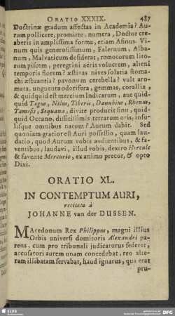 Oratio XL. In Contemptum Auri, recitata à Johanne van der Dussen
