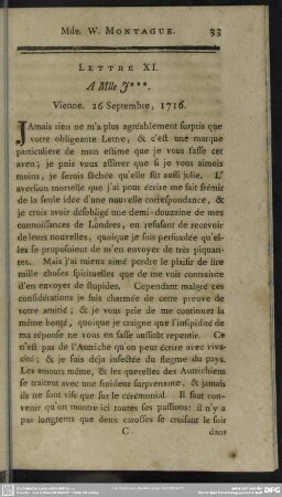 Lettre XI. A Mlle J * * *. Vienne. 26 Septembre, 1716