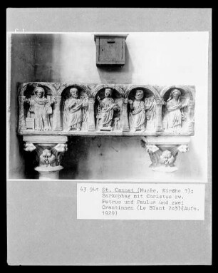 Sarkophag mit Christus zwischen Petrus und Paulus und zwei Orantinnen