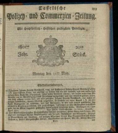 20tes Stueck, Montag den 11ten May 1801