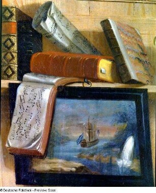 Stilleben mit Noten und Papagei : Teplow, Grigori Nikolajewitsch: Stilleben mit Noten und Papagei. Detail: Notenalbum und Gemälde. 1737. Öl auf Leinwand; 88 x 70 cm. Moskau: Staatliches Keramik-Museum, Kuskowo-Palast. Dresden, Ausstellung "Das Stilleben und sein Gegenstand", 1983-1984. Kat. Nr. 170