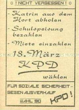Wahlflugblatt der KPD zur Volkskammerwahl 18. März 1990 zur Sozialpolitik
