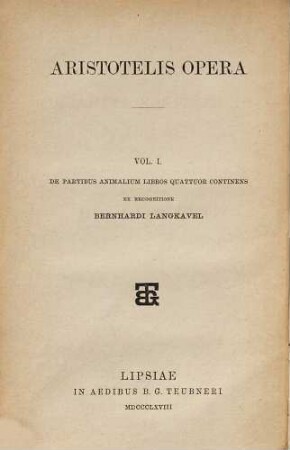 Aristotelis Opera, 1. Aristotelis De partibus animalium