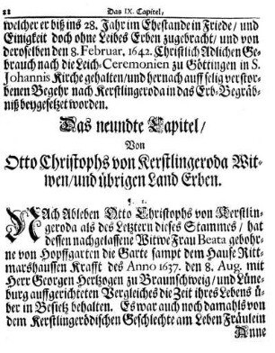 Das IX. Capitel. Von Otto Christoph von Kerstlingeroda nachgelassenen Wittwen und übrigen Landerben