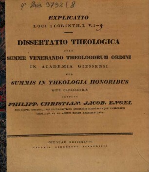 Explicatio loci 1. Corinth. I, 1 - 9 : Diss. theol.