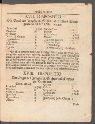 XVII. Dispositio Der Orgel des Jungfräul. Stiffts und Closters Woltingenroda an der Ocker belegen