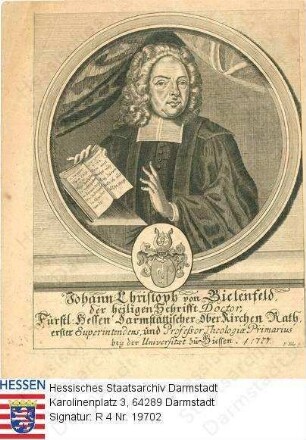 Bielenfeld, Johann Christoph v. Prof. Dr. (1664-1727) / Porträt in Medaillon mit Sockelinschrift, vorblickendes Brustbild