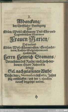 X. Abdanckung, ... Frauen Marien, deß ... Herrn Heinrich Gramans ... Witbe