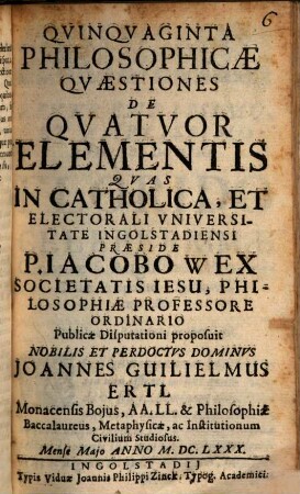 Qvinqvaginta Philosophicae Qvestiones De Qvatuor Elementis