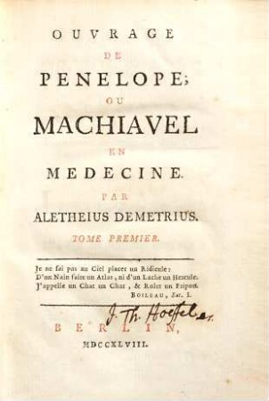 Ouvrage De Penelope; Ou Machiavel En Médecine. 1