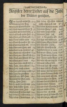 Register derer Lieder auf die Zahl der Blätter gerichtet