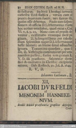 XII. Iacobi Durfeldi ad Menonem Hannekenium