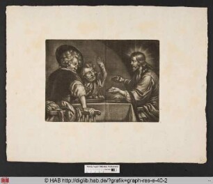 Christus bricht das Brot beim Emmausmahl und teilt es mit den beiden Jüngern.