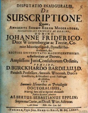 Disputatio Inauguralis, De Subscriptione