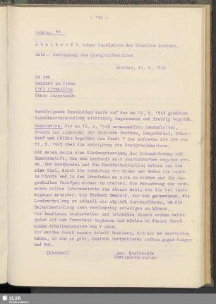 Anhang: 58 Resolution der Gemeinde Borthen vom 14. 9. 1945 Betr.: Enteignung des Großgrundbesitzes