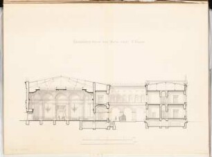 Bahnhof, Hannover Schinkelwettbewerb 1869: Querschnitt (in Höhe des Wartesaales II. Klasse); 2 Maßstabsleisten (Fuß, Meter)